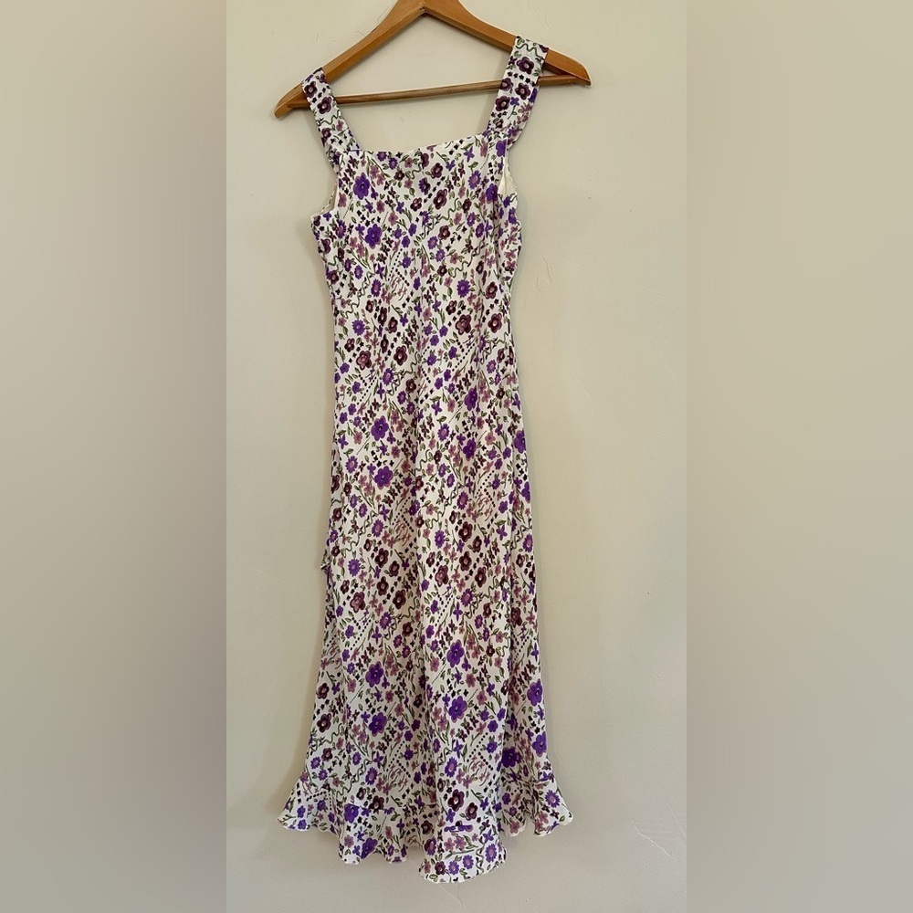 Y2K Vintage Purple Floral Ruffle Dress Ruched Cottagecore Coquette Sundress XS–S - Picture 3 of 9